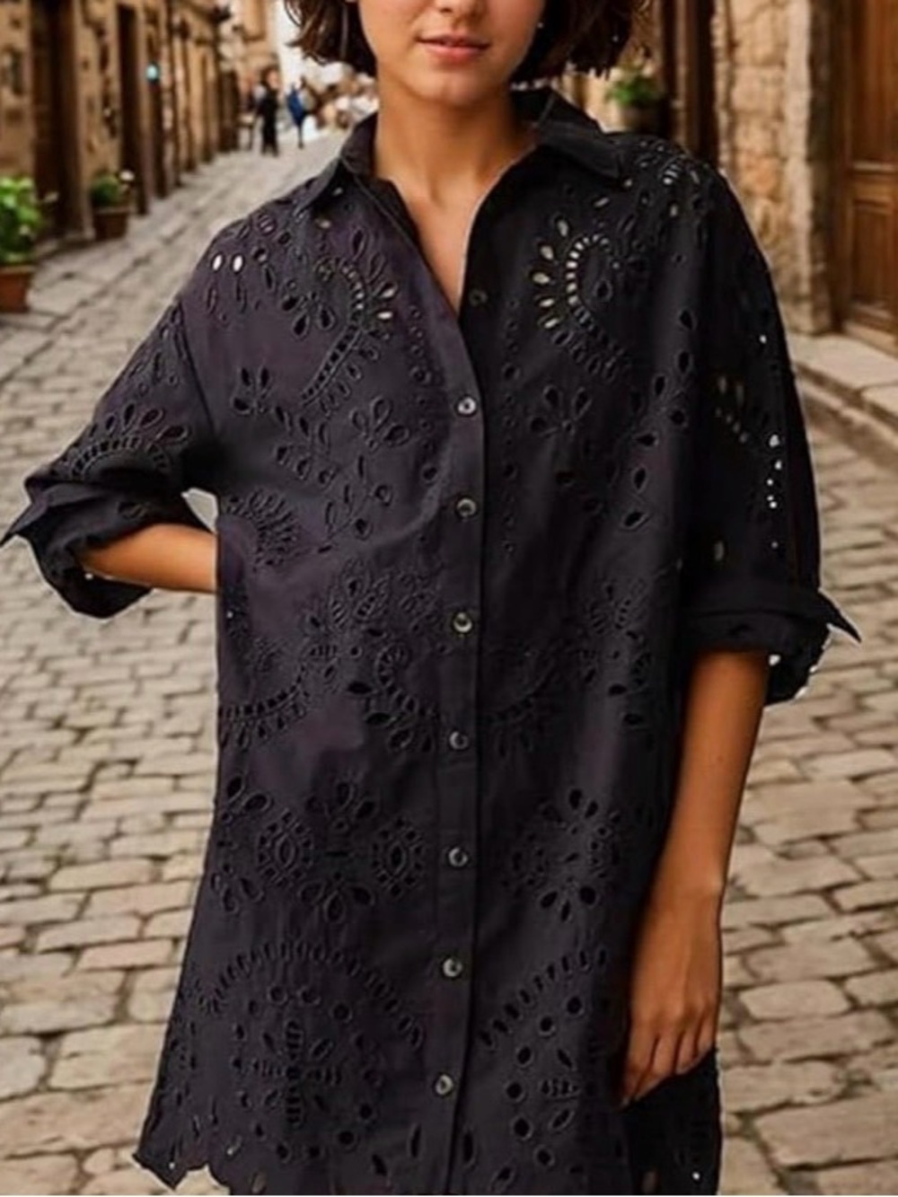 CHARTOU Women Eyelet Lace Dress Button Down Shirt Size M New.